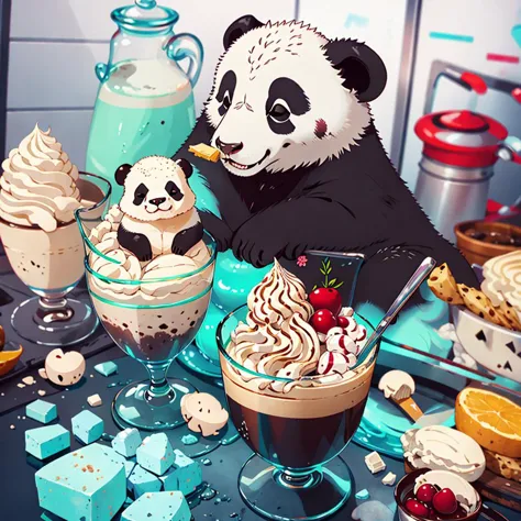 panda bear sitting at a table with desserts and drinks