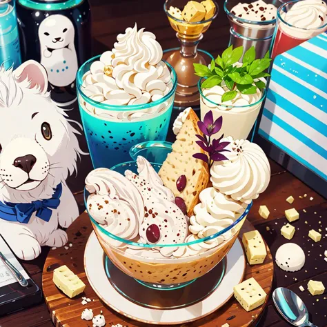 there is a bowl of ice cream with a cat figurine on the side