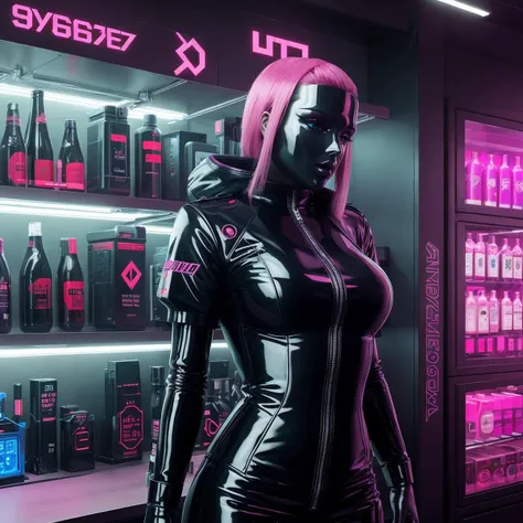 cyber woman in latex outfit standing in front of a store