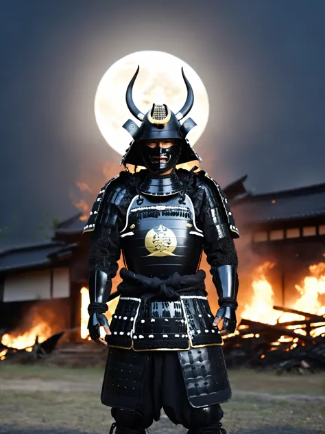 best quality, masterpieces,
a man in samurai armor standing in front of devastated houses which on fire, ruins background,
heavy shadow, film photography, soft focus, detailed skin, matte skin, soft lighting, subsurface scattering, realistic,
midnight, dark sky, moon, dark theme, 
black samurai, black samurai helmet, symbol on helmet,
<lora:hina_samurai_armor_sdxl_rank32:0.6>