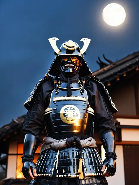 best quality, masterpieces,
a man in samurai armor standing in front of devastated houses which on fire, ruins background,
heavy shadow, film photography, soft focus, detailed skin, matte skin, soft lighting, subsurface scattering, realistic,
midnight, dark sky, moon, dark theme, 
black samurai, black samurai helmet, symbol on helmet,
<lora:hina_samurai_armor_sdxl_rank32:0.6>