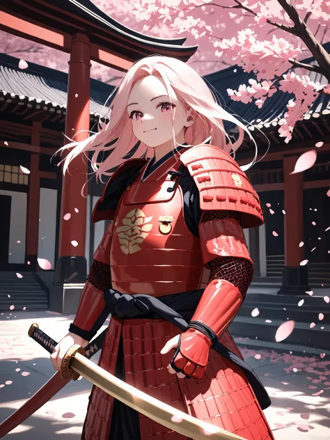 score_9, score_8_up, score_7_up,score_6_up, 
outdoor, sharp focus, dark theme, direct and engaging gaze,
high-resolution image capturing fine details, soft shadow, direct and engaging gaze, 
cherry blossom, Japan temple background,
(holding a sword),
1girl, solo, cute face, cozy face, detailed face, 
long sliver hair, posing to viewer, action to viewer, extreme detailed ornate gold armor,
samurai armor,
<lora:hinaSamuraiArmorPony_rev1:0.7>