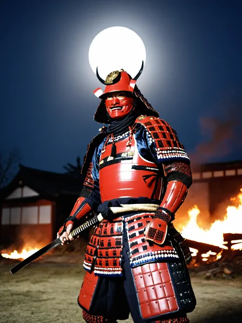 arafed samurai in full armor standing in front of a fire