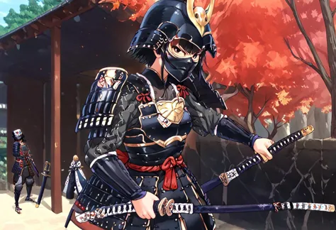 single black haired girl in samurai armor wearing kabuto helmet and menpou mask, holding katana with both hands, outdoors, serio...