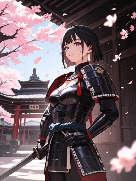 score_9, score_8_up, score_7_up,score_6_up, 
holding sliver sword,
outdoor, sharp focus, dark theme, direct and engaging gaze,
high-resolution image capturing fine details, soft shadow, direct and engaging gaze, 
cherry blossom, Japan temple background,
(in the dark, deep shadow, low key, cold light),
exquisite and clear,
1girl, solo, cleavage, breasts, gauntlets, shoulder armor,
looking at viewer, standing, bodysuit,
medium breasts,
beautiful face, earrings
samurai armor,
<lora:hinaSamuraiArmorPony_rev1:0.7>