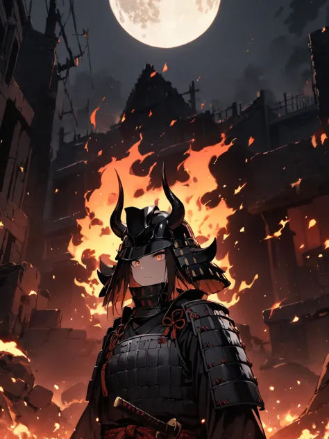 best quality, masterpieces,
1girl, clean face, stare eyes, no mask,
midnight, dark sky, moon, background on fire, dark theme, standing in front of devastated houses, ruins background, 
heavy shadow, soft focus, soft lighting, subsurface scattering,
samurai armor, black samurai, samurai helmet, huge gold and black horns on helmet,
<lora:hina_samurai_armor_sdxl_rank32:0.4>