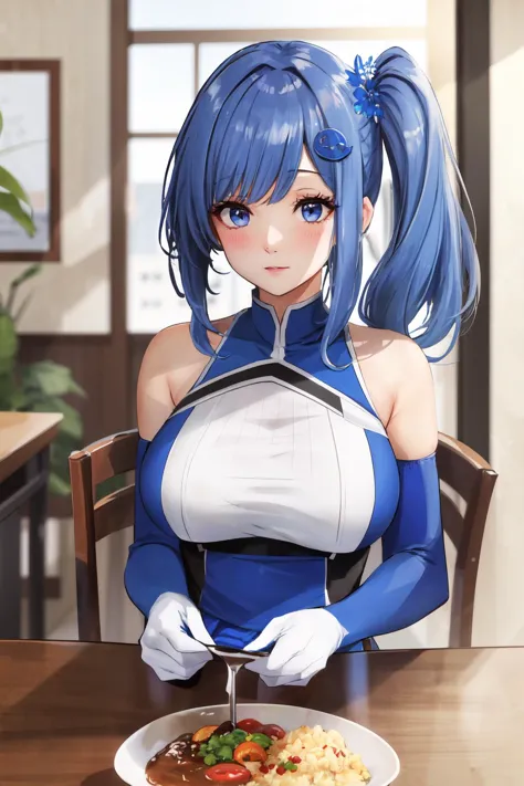 Highly detailed, High Quality, Masterpiece, beautiful, iechan, long hair, blue hair, hair ornament, hairpin, large breasts, bare shoulders, blue eyes, white gloves, elbow gloves, side ponytail, white thighhighs, blue dress, pleated skirt, leotard, <lora:Char_Meme_InternetExplorer:0.8>, food, simple background, elbows on table, cup, blurry background, indoors, upper body, <lora:Pos_AcrossTable:1>