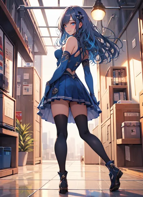 ((best quality)), ((highly detailed)), masterpiece, absurdres, detailed face, beautiful face, (detailed eyes, deep eyes), (1girl), from behind, looking back, dynamic pose, full body, iechan, long hair, blue hair, hair ornament, hairpin, blue eyes, large breasts, smile, bare shoulders, blue dress, collarbone, white gloves, elbow gloves, white thighhighs, pleated skirt, leotard, (indoors, at a living room), Niji Style