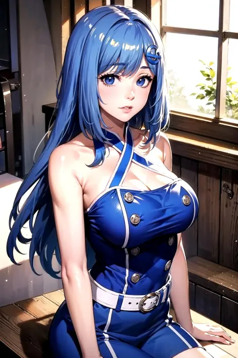 <lora:iechan:1>,iechan,long hair,blue hair,hair ornament,large breasts,bare shoulders,