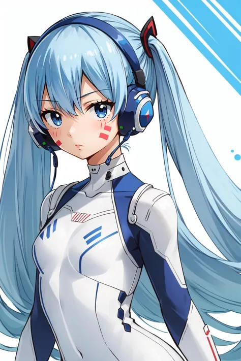 anime girl with headphones and blue hair in a white suit