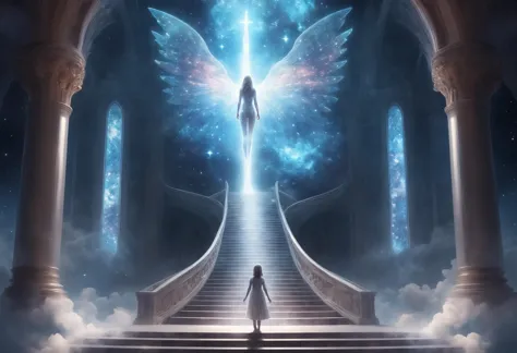concept art girl standing at the first step of stairway to heaven, divine, grand hall of mystical church, interstellar transpare...