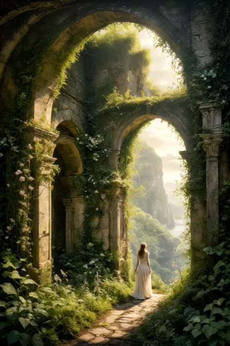 a faerie realm landscape,.a woman in tattered faded white clothes,.on the side of a broken overgrown path,.under a crumbled ruin...