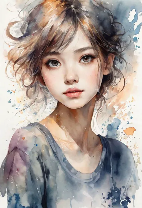 a painting of a girl with a messy hair and blue eyes