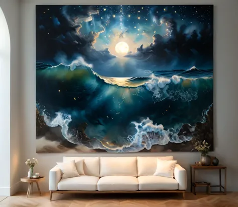 Hyperrealistic art (professional photo of a artistique painting showing a painting:1.4) with When the luminous stars emerge in the dark sea of ether and in mysterious breaths the world is enveloped in a twilight pall the spirit floats away to waking dreams into the great sacred realm of the night exhilarated by immeasurable spaces of deep fantasy power. In the soft magic of such nights creation seems to unfold and darkly we sense the powers that rule over our lives., masterpiece, best quality, CG, wallpaper, HDR, high quality, high-definition, extremely detailed, contrast, (hanging on a wall in an modern museum in a neutral room:1.2), ((visitors of the museum standing aside the pittoresque piece of art, admiring the beautiful artwork:1)). (Wide shot taken with a Nikon D850 and Nikon AF-S NIKKOR 105mm f/1.4E ED lens), (bokeh) . Extremely high-resolution details, photographic, realism pushed to extreme, fine texture, incredibly lifelike