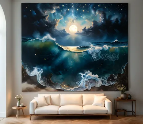 Arte hiperrealista (foto profissional de uma pintura artística mostrando uma pintura:1.4) com Quando as estrelas luminosas emergem no mar escuro do éter e em respirações misteriosas o mundo é envolvido por uma mortalha crepuscular o espírito flutua para os sonhos acordados no grande reino sagrado da noite exultante por espaços imensuráveis de profundo poder de fantasia. Na magia suave dessas noites, a criação parece se desenrolar e, sombriamente, sentimos os poderes que governam nossas vidas.., obra de arte, melhor qualidade, CG, papel de parede, HDR, alta qualidade, alta definição, extremamente detalhado, contraste, (pendurado na parede de um museu moderno em uma sala neutra:1.2), ((visitantes do museu ao lado da pitoresca obra de arte, admirando a bela obra de arte:1)). (Foto ampla tirada com uma Nikon D850 e Nikon AF-S NIKKOR 105mm f/1.Lente 4E ED), (Bokeh) . Detalhes de resolução extremamente alta, fotográfico, realismo levado ao extremo, Textura fina, incrivelmente realista