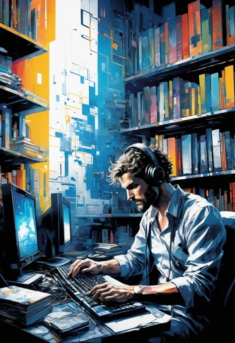 Anime style, illustration mixed with impressionist oilpainting of a Greek computer programmer, creating the world's first AGI, i...