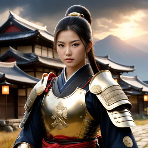 Hyperrealistic art 1girl, As the first rays of dawn break, the samurai, with their armor gleaming in the morning light, gather a...