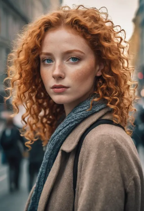 A photograph of a young German woman, curly ginger hair, stunning oceanic eyes, she is like a poem in the flesh, dreamy imagery,...