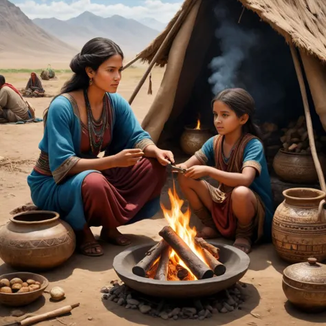 Hyperrealistic art 1girl, In the nomadic expanses, Yara, a mother and caregiver, tends to the needs of her family. Right now, sh...