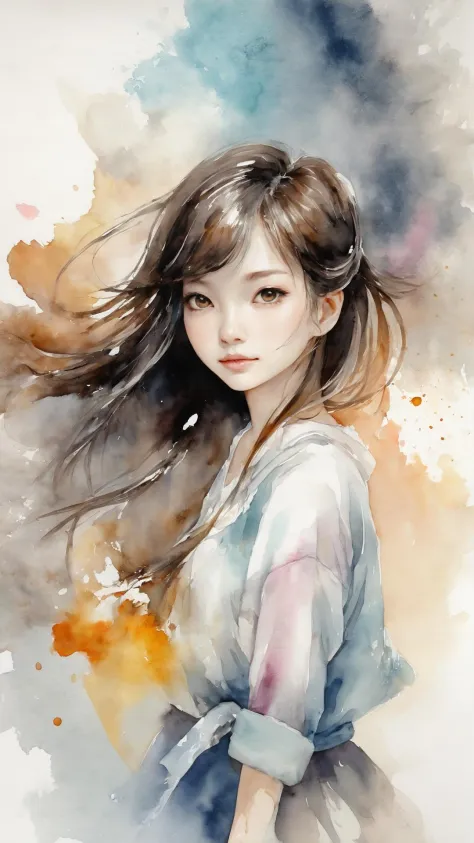 absurdres, highres, ultra detailed, (1girl:1.3), kawaii BREAK expressive brush strokes, ink wash, gradation, poetic atmosphere, ...