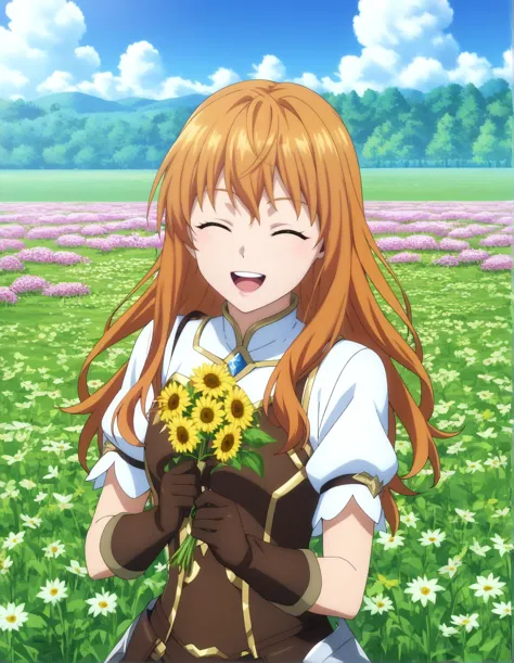 score_7_up, BREAK source_anime, beautiful composition, 1girl, solo, long hair, smile, open mouth, gloves, holding, upper body, closed eyes, flower, short sleeves, :d, outdoors, teeth, sky, day, cloud, armor, blue sky, upper teeth only, floating hair, pink flower, brown gloves, yellow flower, holding flower, field, flower field, anime screencap