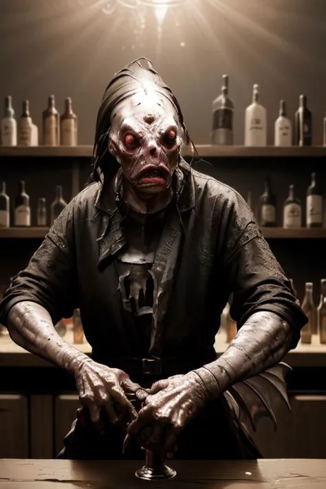 a man in a creepy mask sitting at a bar with a glass