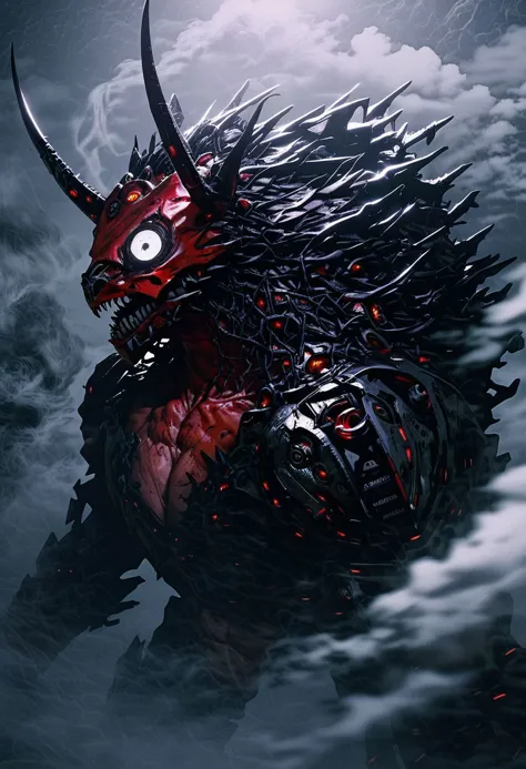 a close up of a demonic creature with a large head