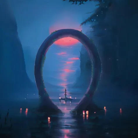 A figure sits in the distance inside of a boat framed by an ancient ring that is surrounded by water with trees and hills on the edge of it