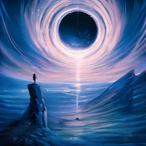 A lone figure stands on a rocky pillar looking over a beautiful and vast valley with a black hole in the sky