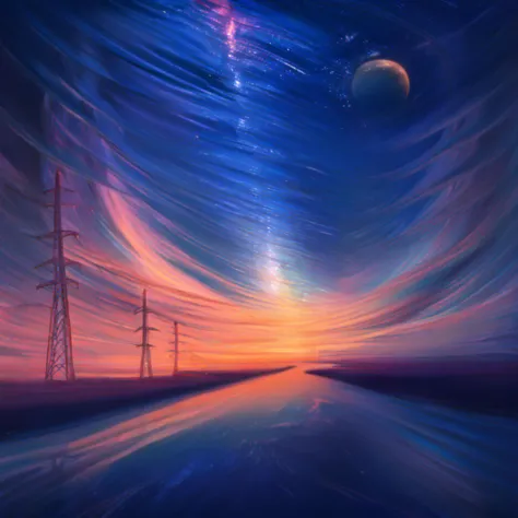 a painting of a sunset with power lines and a planet in the distance