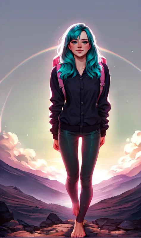 a woman with blue hair and a backpack standing on a rock