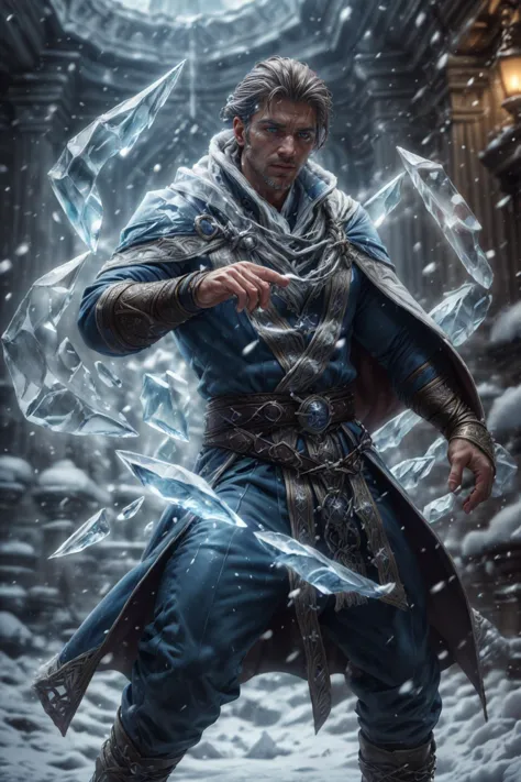 a man in a blue outfit holding a sword in a snowy area