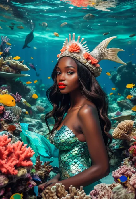 (ethereal mermaid) young woman, dark skin, loose and wild, seafoam green jeweled tail fin, red lipstick, wearing a coral headpie...