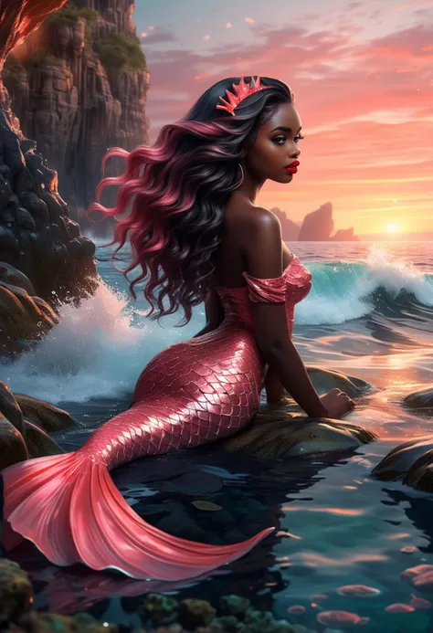 (mystical mermaid) young woman, dark skin, wavy hair, coral pink flowing tail fin, red lipstick, glittering hair comb, set in  a...