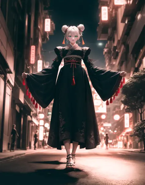 best quality,highly detailed, ultra-detailed, masterpiece, 8k wallpaper, 1girl, solo, white hair, long hair, hair bun, hanfu, green eyes, double bun, outdoors, looking at viewer, long sleeves, chinese clothes, blurry, bangs, blurry background, hand up, ribbon, wide sleeves, tree, standing, facial mark, closed mouth, robe, feet out of frame, jewelry, hair ornament, red ribbon, head tilt, earrings, sleeves past wrists, tassel,night,dark,city,cityscape, cyberpunk