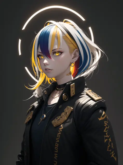 an extremely delicate and beautiful girl, 8k wallpaper, masterpiece,Cinematic Lighting, best quality,Illustration,detailed face depiction,(dramatic angle:1.2), ((colored inner hair)),
1girl, solo, blonde hair, multicolored hair, black hair, looking at viewer, jewelry, bangs, yellow eyes, ring, choker, hair between eyes, ear piercing, piercing, black nails, jacket, two-tone hair, streaked hair, english text, colored inner hair, black background, medium hair, portrait, hands up, parted lips, earrings, upper body, closed mouth, black choker, halo, black jacket,realistic