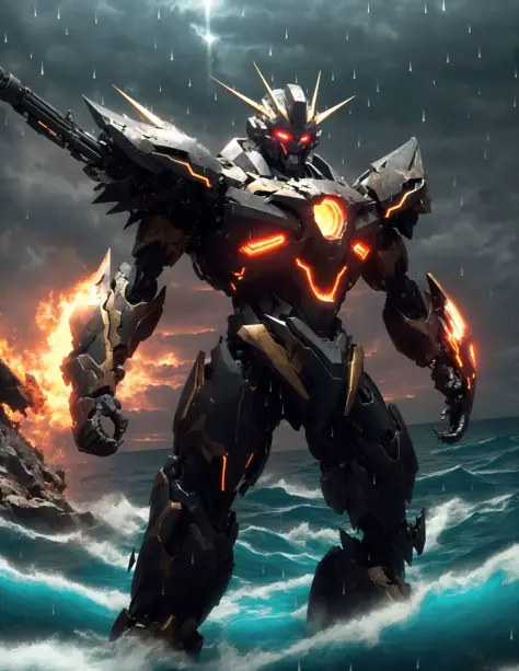 ((masterpiece)), (((best quality))), ((ultra-detailed)), ((illustration)), mecha,sunrise,sunlight,ocean,fire cloud,((night)),((d...