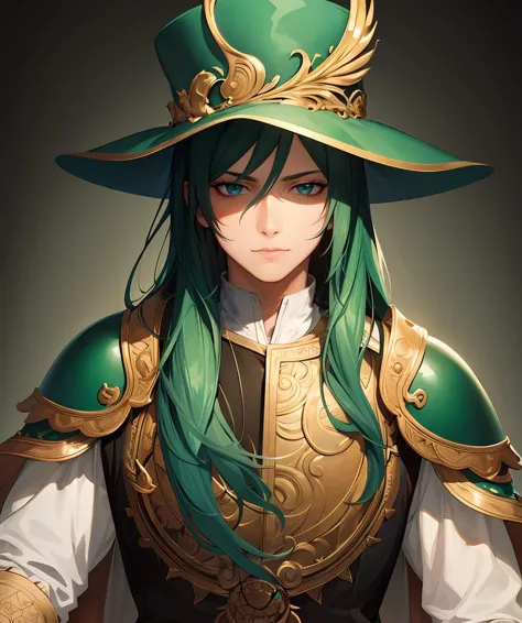 (best quality, masterpiece:1.1), anime style, A majestic man, a hat, green, fur armor, blend of colors, the intricate strokes