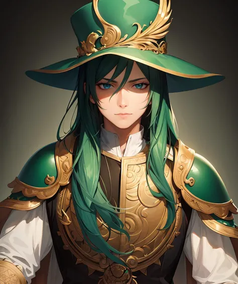 (Meilleure qualité, chef-d&#39;œuvre:1.1), Style animé, Un homme majestueux, une casquette, vert, armure de fourrure, Mélange de couleurs, les traits complexes