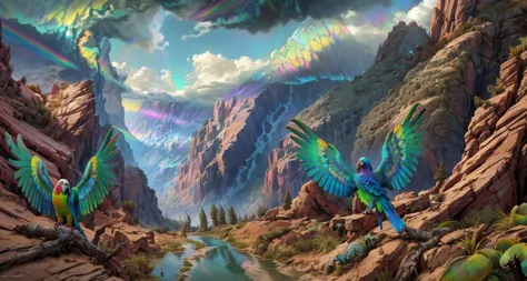 <lora:philipp_urlich:0.50> outdoors, scenery, cloud, no humans, cloudy sky, tree, landscape, mountain,
<lora:Wasteland:0.65> Wasteland, the, and, with, wasteland, background,, Concept art, (parrot:1.2) , colorful feathers, detailed face, (iridescent shimmering wings:1.3)
expressive, (hyperdetailed:1.2) , (Photorealistic:1.2) , analog style, (detailed background visible:1.2) , (crafted style) (detailed hyperrealism) , (captivating photograph:1.2)