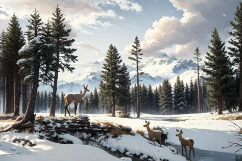 there are many deer standing in the snow near a stream