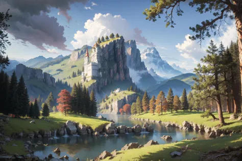 there is a painting of a mountain scene with a river