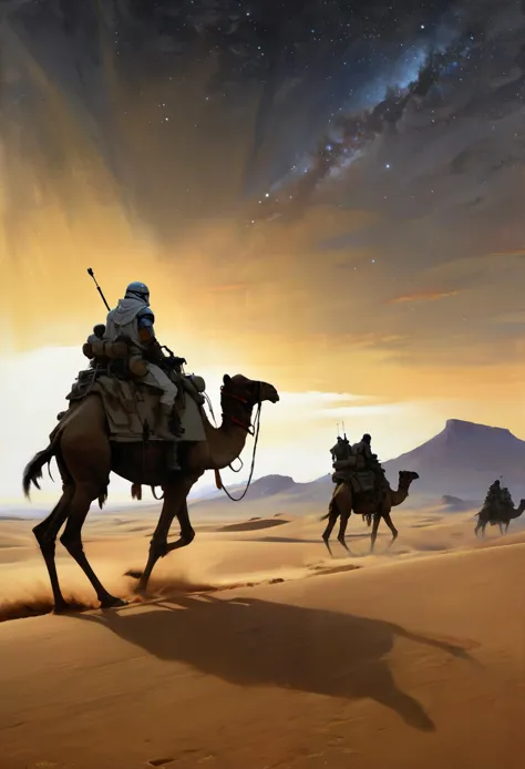 (impressionistic realism by csybgh), three magi are crossing the dessert following a mysterious star in the sky, (they are riding mechanical robotic camels), riding off in the distance, wide zoom, Christmas eve, (Dune AND Star Wars inspired), mysterious atmosphere, magical, arcane, ((sci-fi, advanced technology)), cinematic, masterpiece, 8k, ultra detailed, (impasto, palette knife painting, sci-fi concept art painting), ((art by Yoji Shinkawa AND Greg Rutkowski AND Phil Noto))