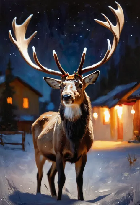 (impressionistic realism by csybgh), a beautiful AND very cute reindeer, luminescent antlers with a warm glow, masterpiece, 8k, ...