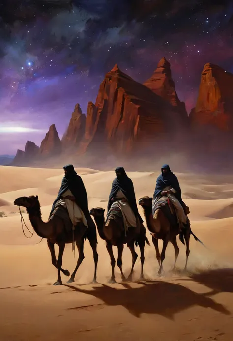 (realismo impresionista de csybgh), Tres magos cruzan el desierto siguiendo una misteriosa estrella en el cielo, Están montando camellos, Nochebuena, (Inspirado en Dune y Star Wars), atmósfera misteriosa, mágico, arcano, ((ciencia ficción, tecnología avanzada)), cinematográfico, obra maestra, 8K, ultra detallado, (Masa, pintura con espátula, ciencia ficción concept art painting)