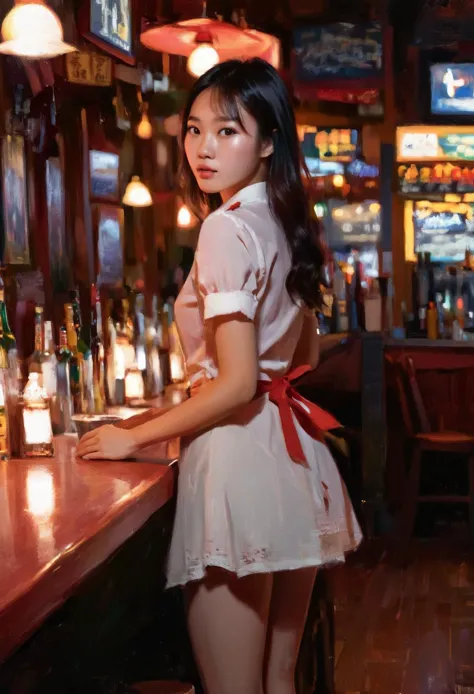 (impressionistic realism by csybgh), an adopted chinese twenty something, very cute and adorable, she works as a waitress in a W...
