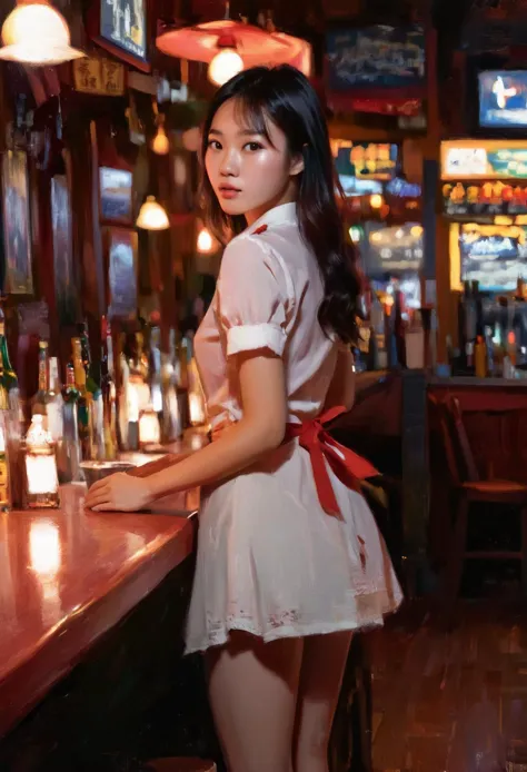 arafed woman in a white dress standing at a bar