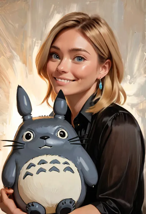 (« réalisme impressionniste » par csybgh), une femme blonde plantureuse est tellement heureuse, ((elle vient de recevoir une petite et belle statue de Totoro artisanale)), expression de pure et intense joie, elle porte un vêtement boutonné bien ajusté (Chemise en satin noir), (elle a un piercing au nez), souriant d'une joue à l'autre, courbe et dodue mais avec un visage fin, jolis yeux bleus, (Maquillage smokey eyes), les larmes aux yeux, chef-d&#39;œuvre, 8k, hyper détaillé, coup de pinceau grossier, peinture au couteau à palette, ((art de Hayao Miyazaki ET Phil Noto))