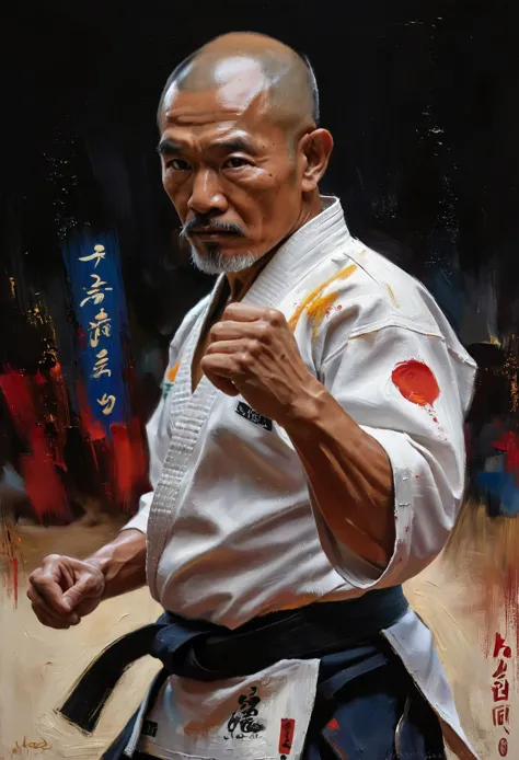 painting of a man in a karate stance with a black belt