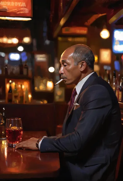 arafed man in a suit smoking a cigarette at a bar